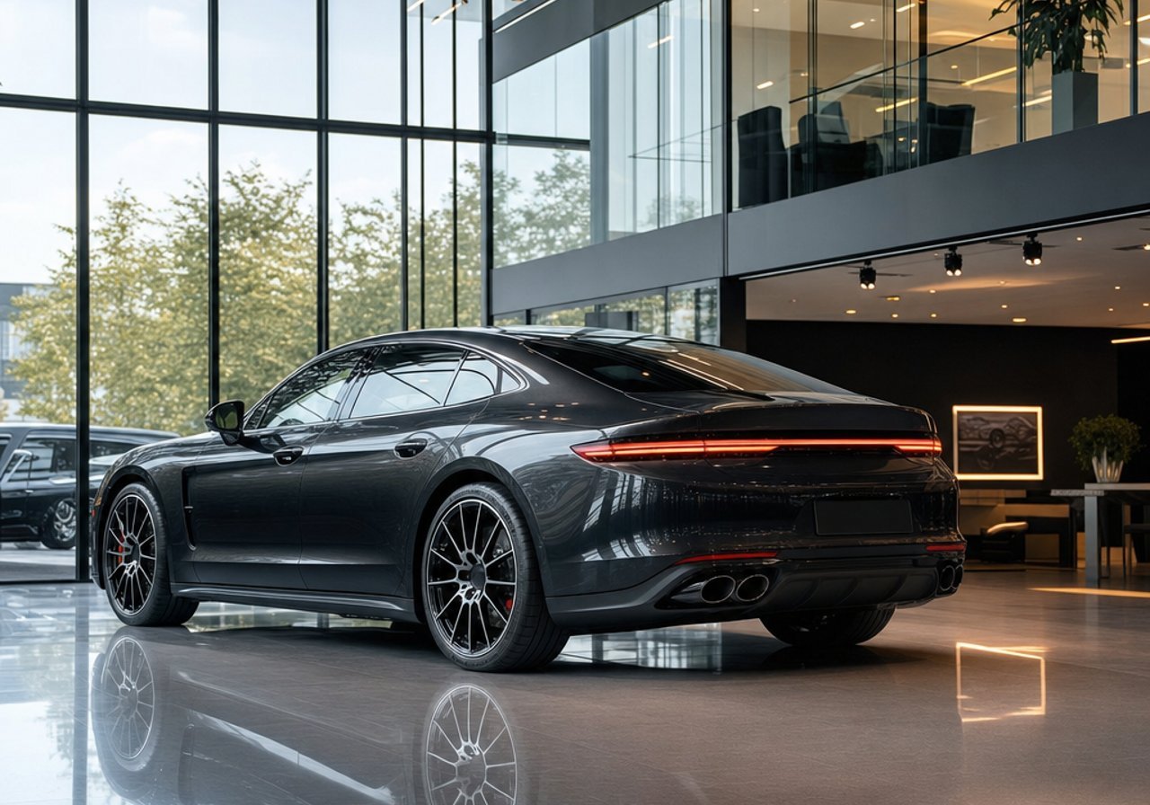 A dealership showroom with cars and directional lighting, the atmosphere that background music sets