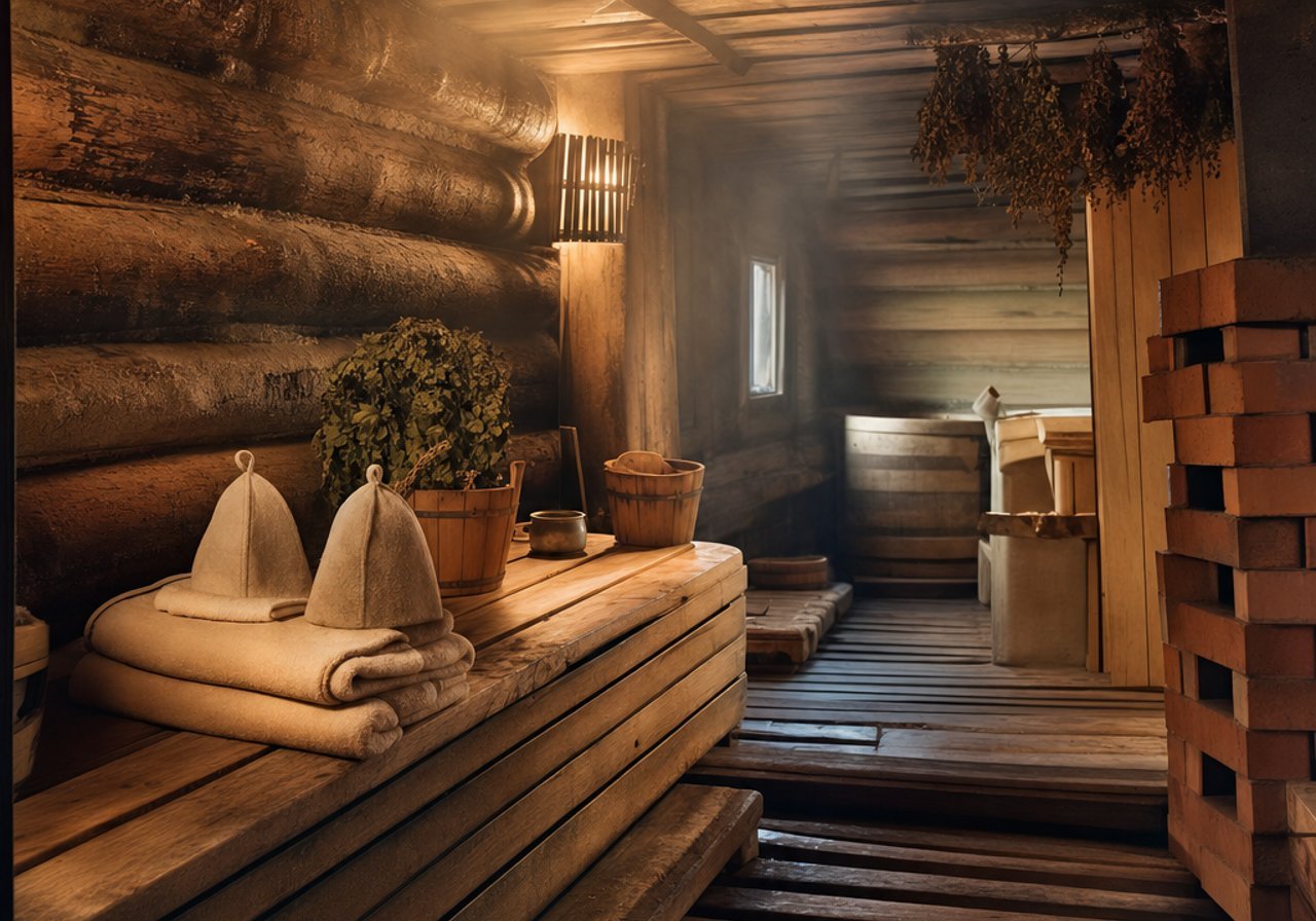 A sauna steam room with wooden benches and warm light, the atmosphere that music sets