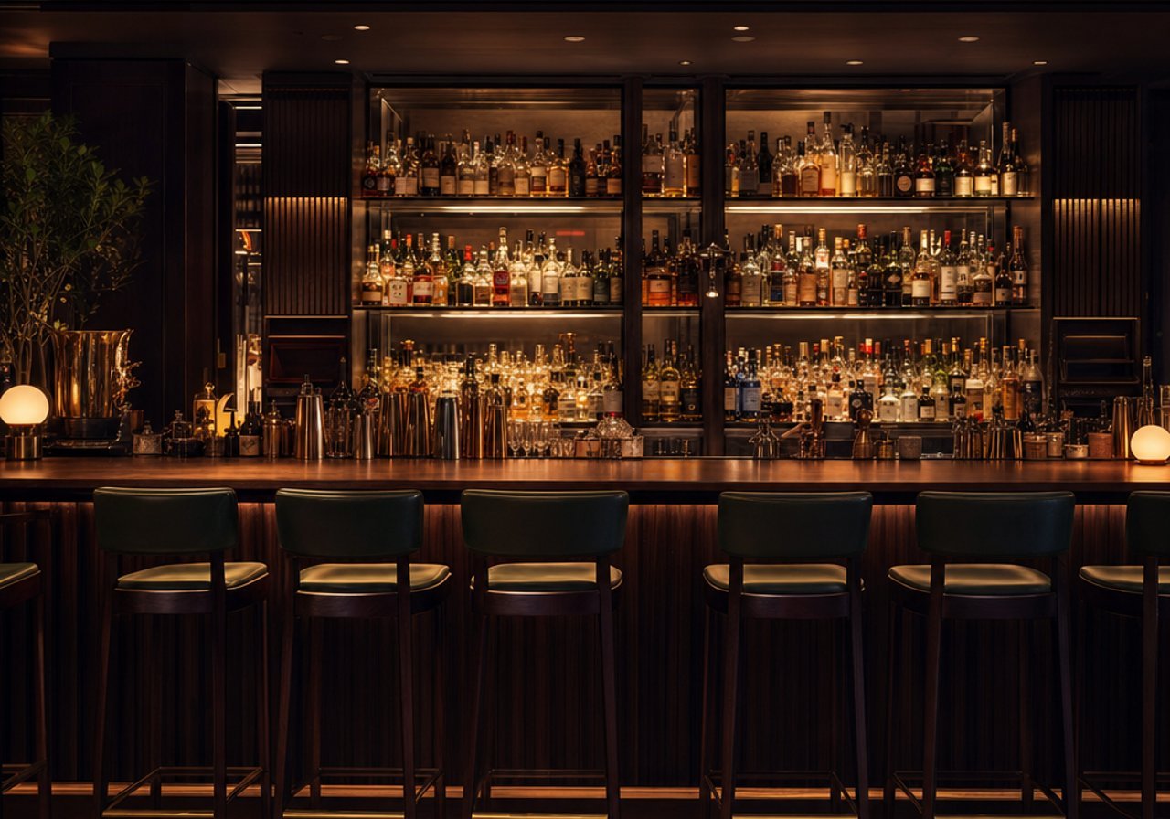 A bar counter with lit bottles in the evening, the atmosphere that background music sets