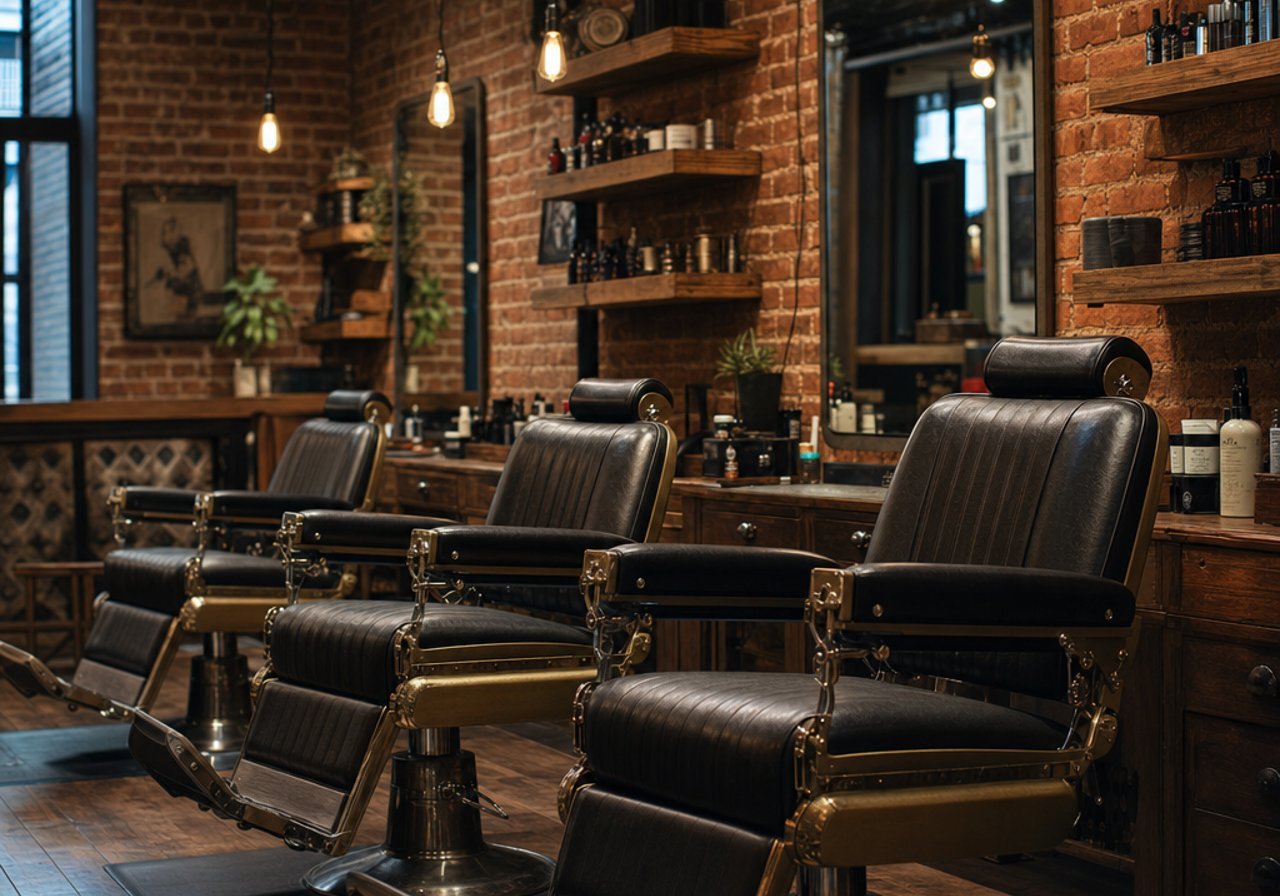A barbershop chair with a brick wall and warm light, the atmosphere that music sets