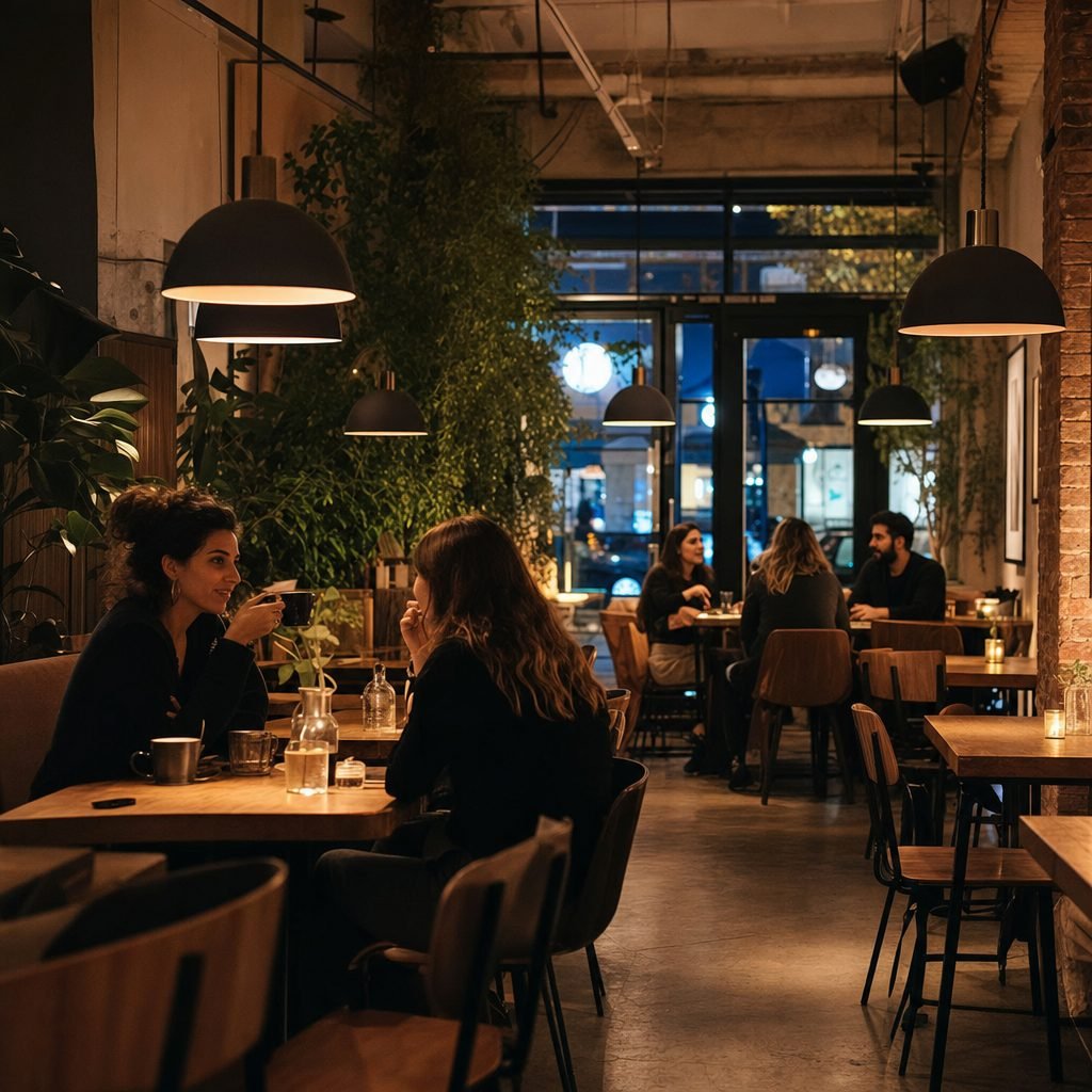 A cafe dining room with soft light and guests at their tables, the atmosphere that background music sets