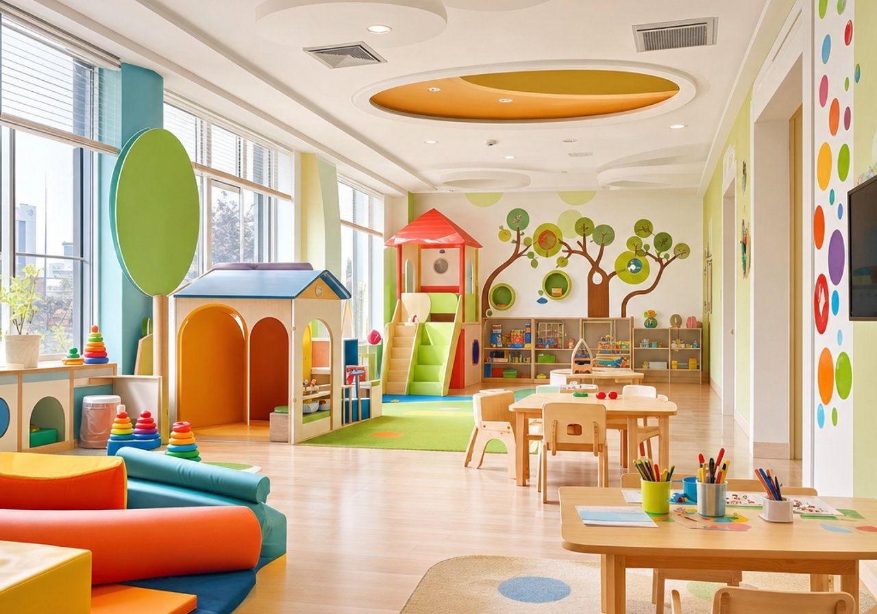 A kids center play room with a bright interior, the atmosphere that music sets