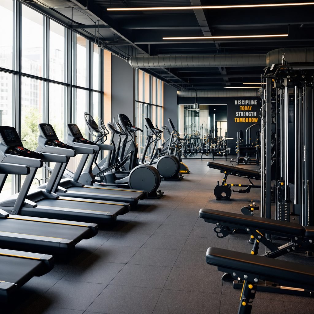 A gym with equipment and directional lighting, the atmosphere that music sets