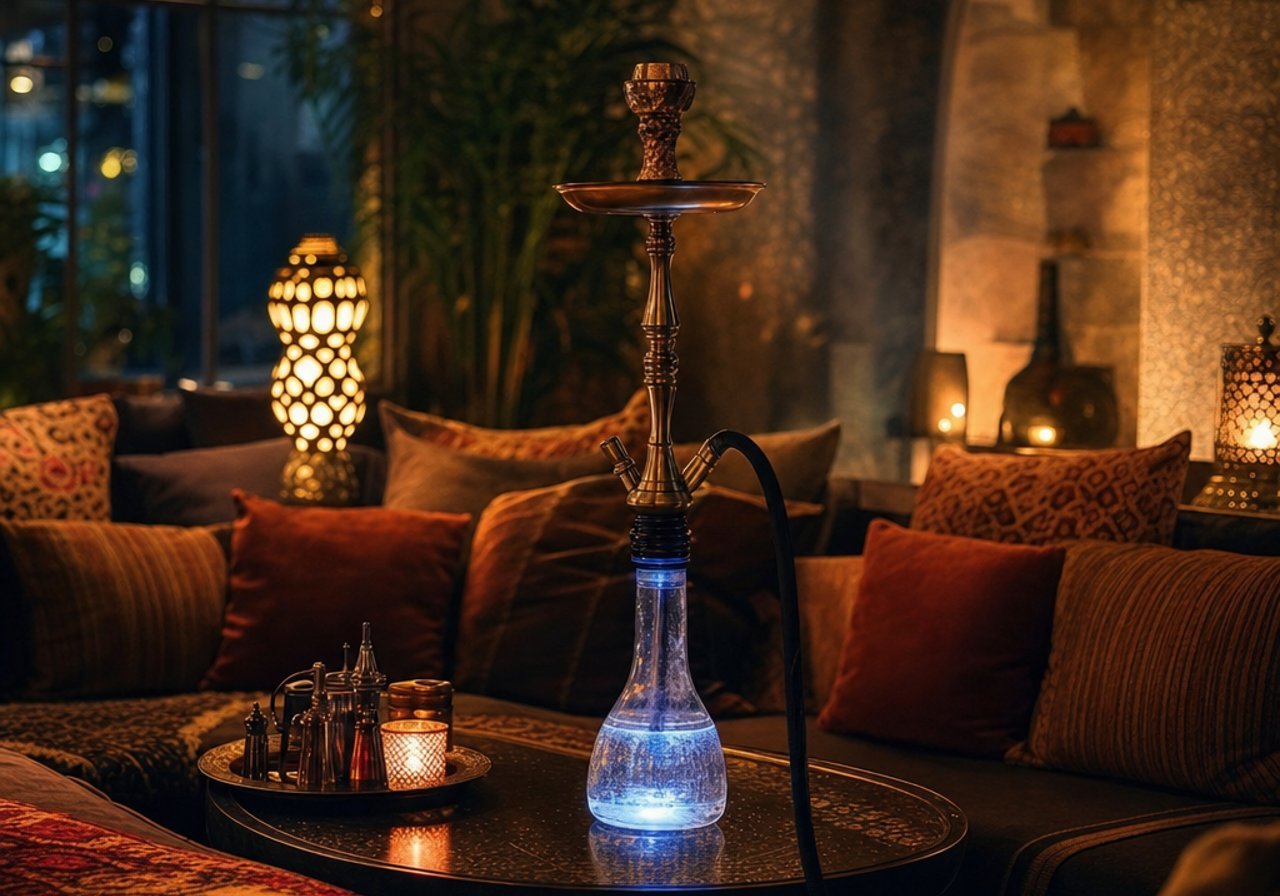 A hookah lounge seating area with soft light and low sofas, the atmosphere that background music sets