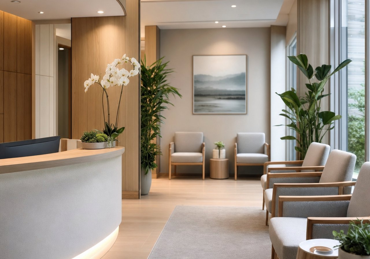 A medical center lobby with a reception desk and soft light, the atmosphere that background music sets