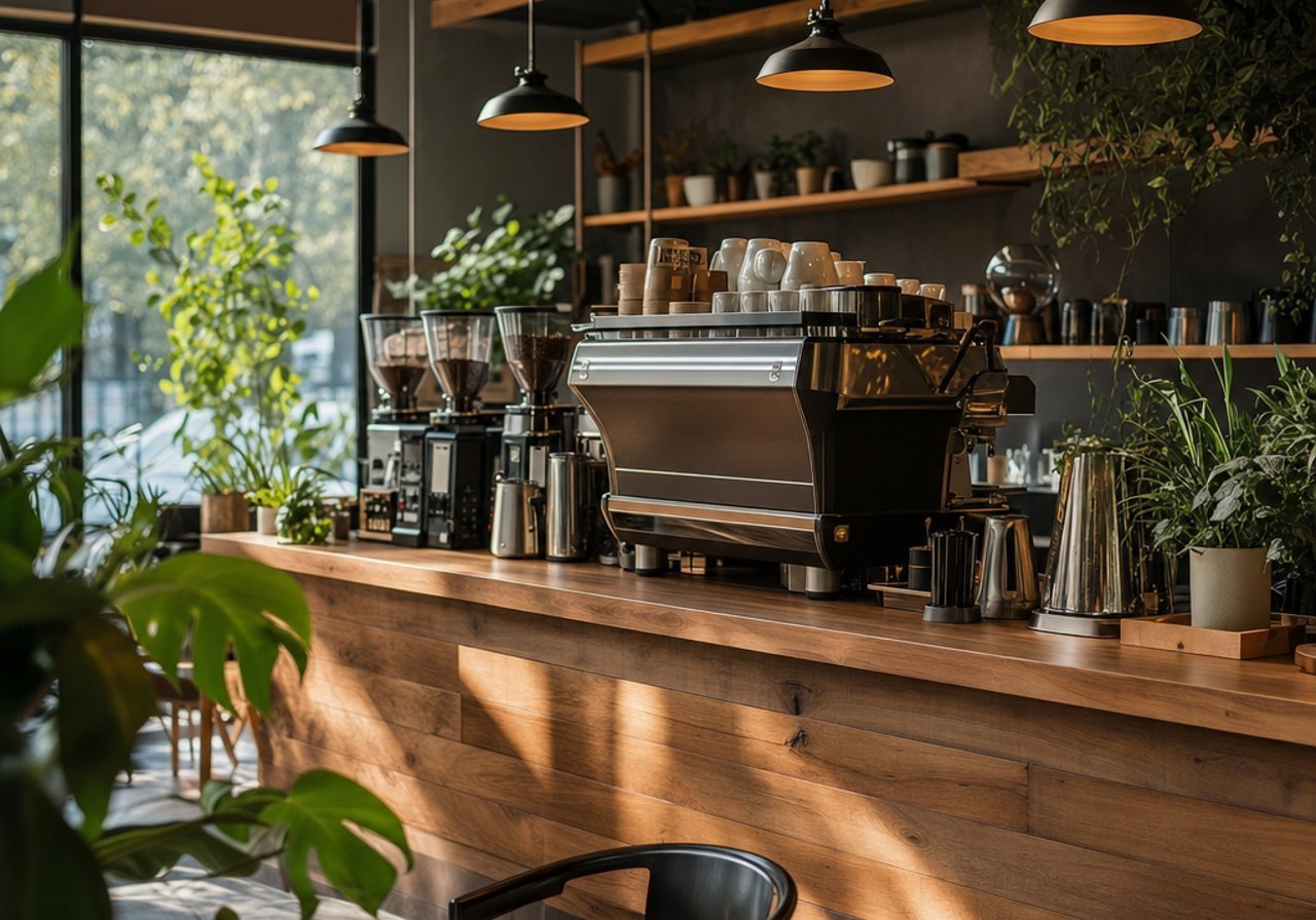 A coffee shop counter with an espresso machine in morning light, the atmosphere that background music sets