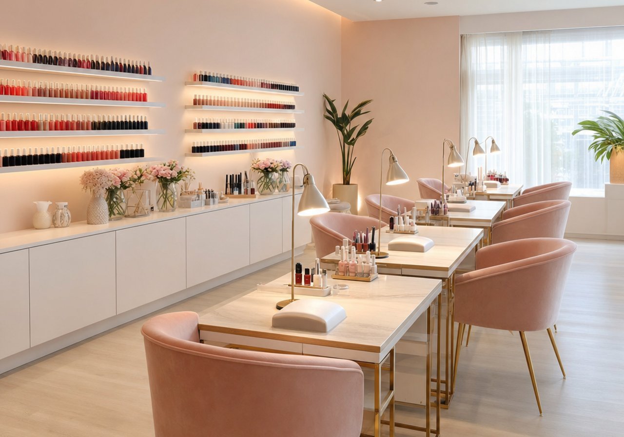 A manicure table with a lamp and flowers, the atmosphere that background music sets