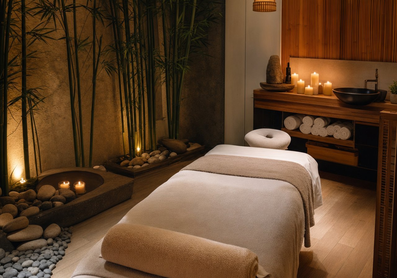 A massage room with towels and candles, the atmosphere that music sets