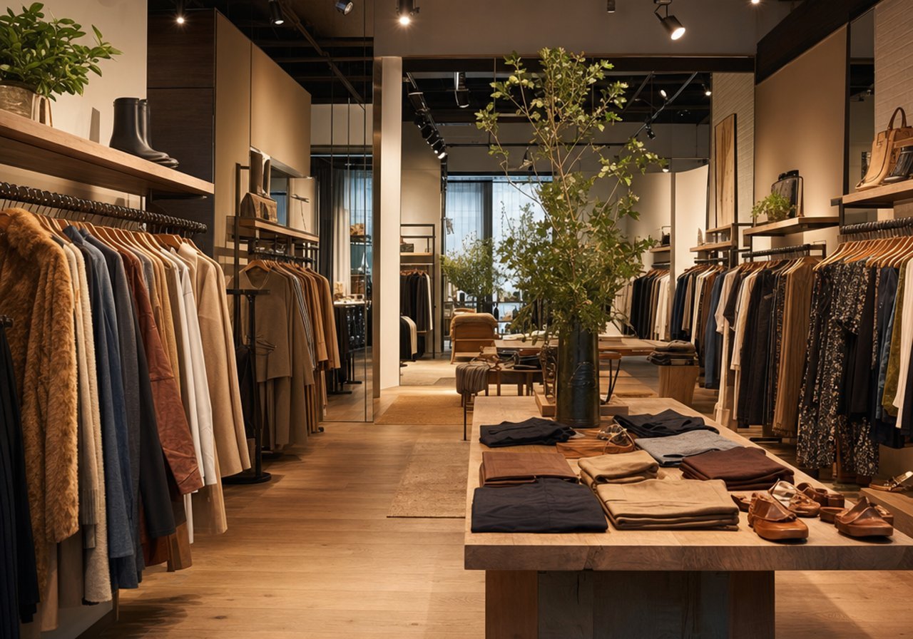A clothing store floor with racks and a display window, the atmosphere that background music sets