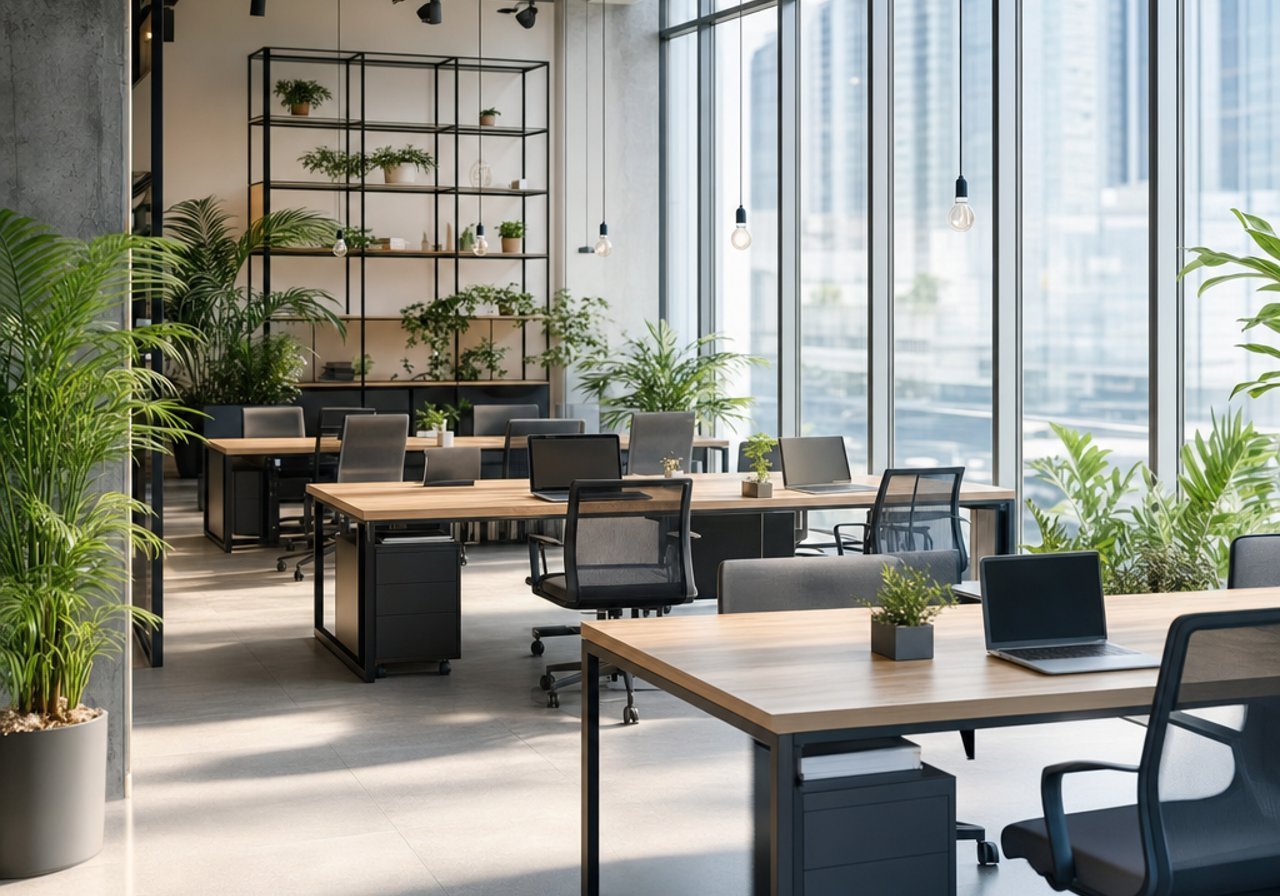 An open-plan office with desks and soft light, the atmosphere that background music sets