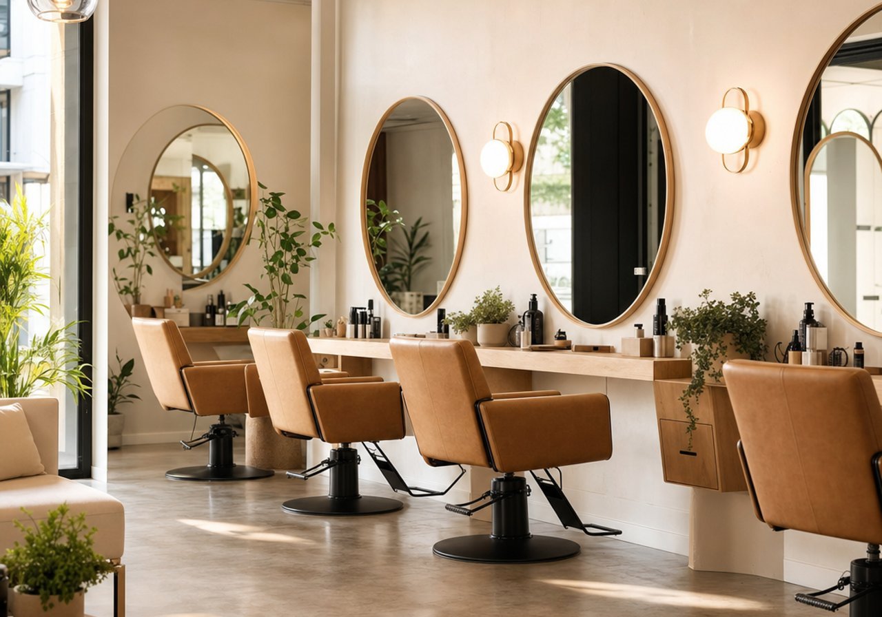 Hair salon chairs by the mirrors with warm light, the atmosphere that background music sets