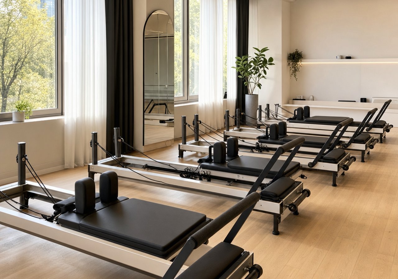 A pilates room with reformers and soft light, the atmosphere that music sets