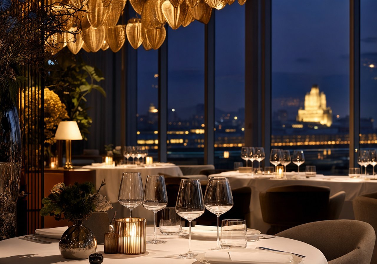 A set restaurant dining room in the evening, the atmosphere that background music sets