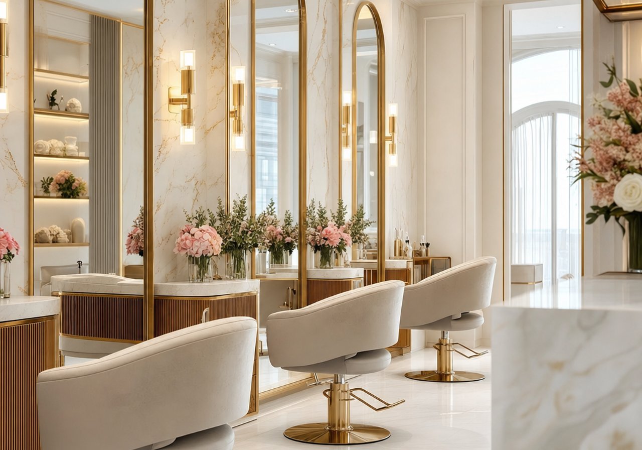 A beauty salon floor with soft light by the mirrors, the atmosphere that background music sets