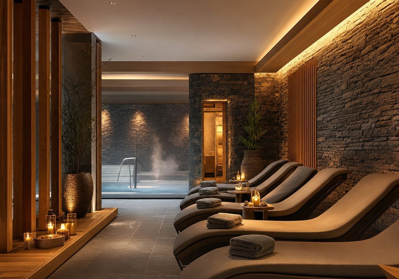 A spa relaxation area with soft lighting and water, the atmosphere that background music sets