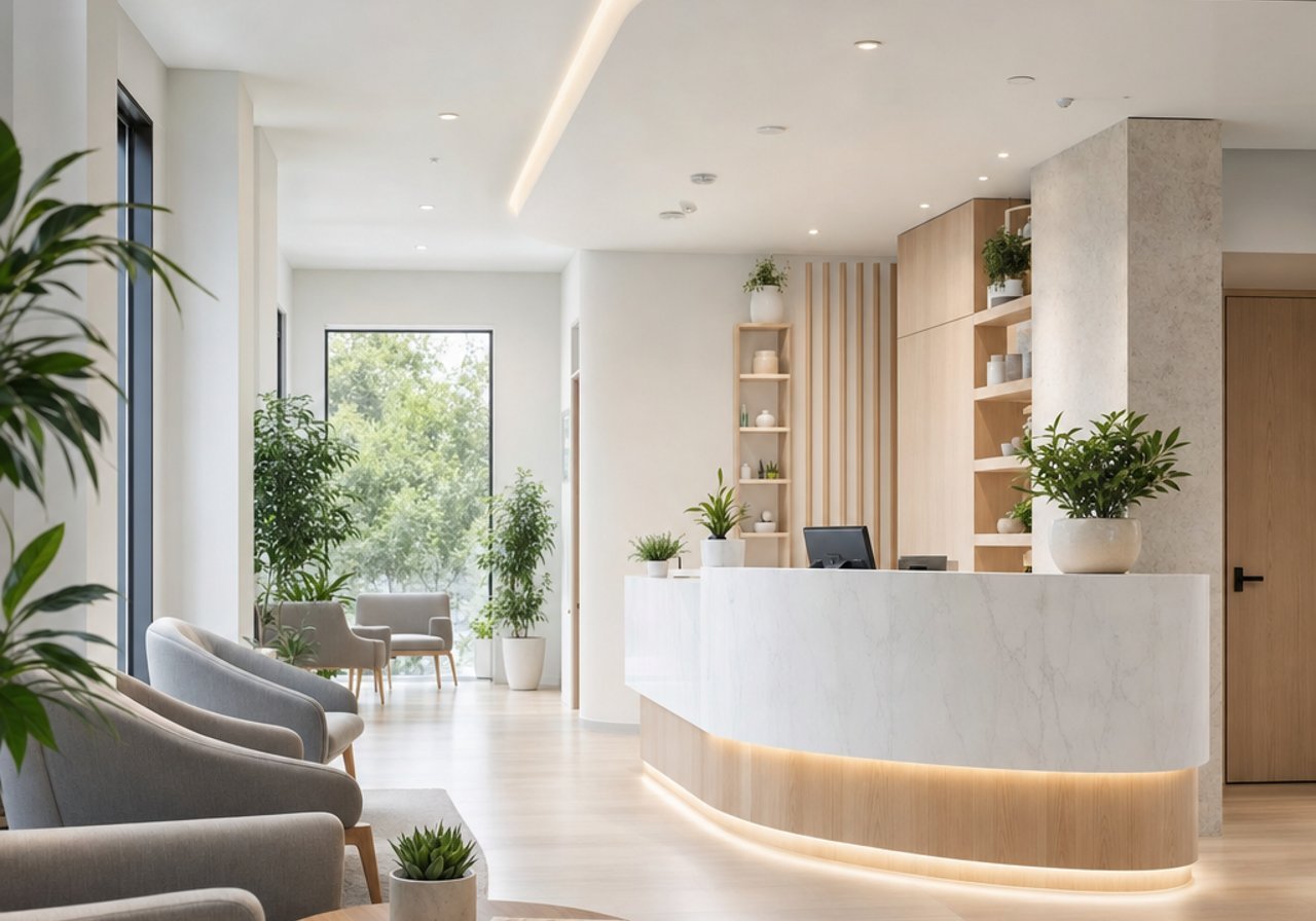 A dental office with a bright interior and a treatment chair, the atmosphere that background music sets