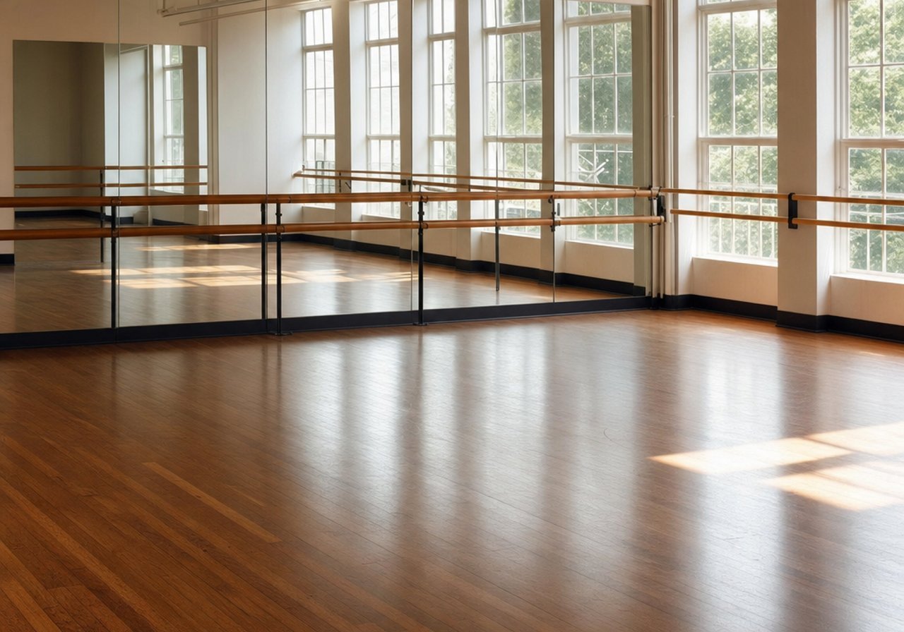 A dance studio with a mirrored wall and a barre, the atmosphere that music sets