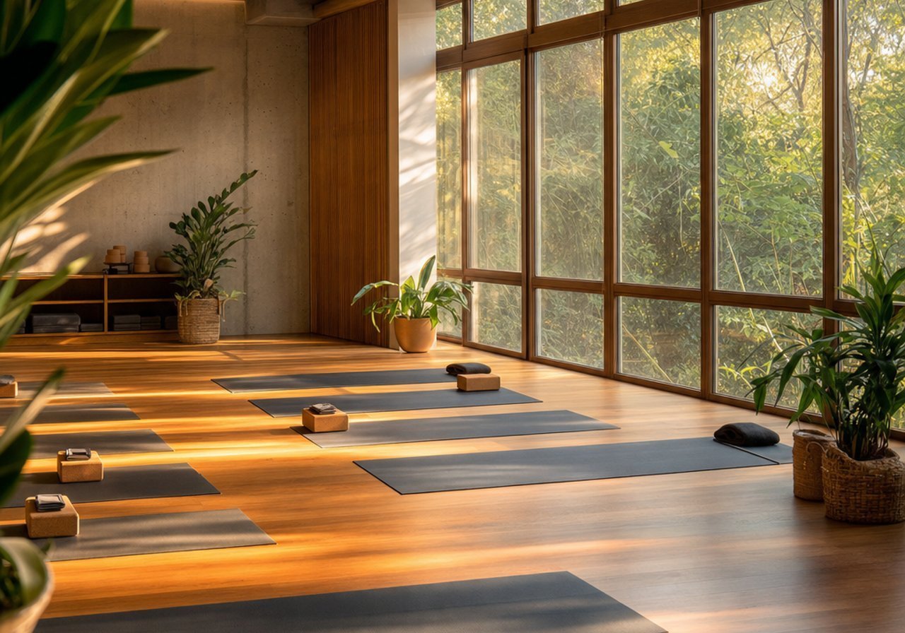 A yoga studio with mats and soft light, the atmosphere that music sets